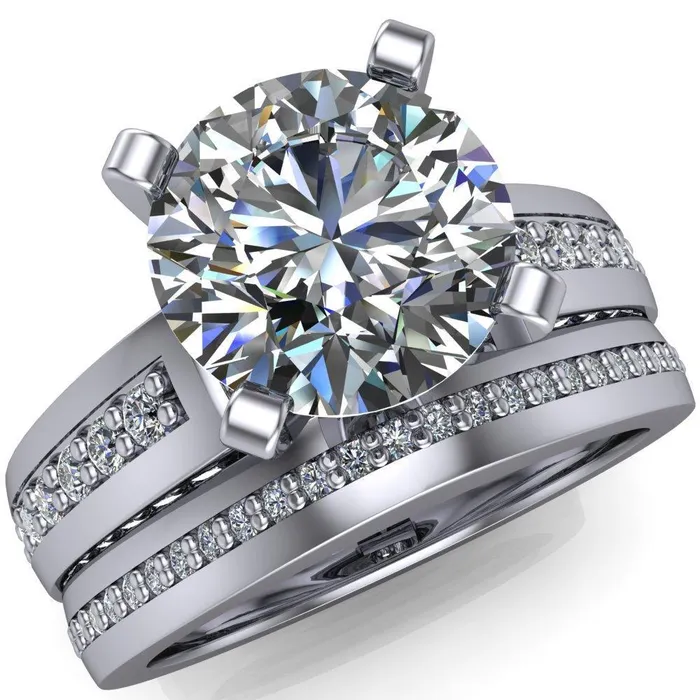 Fire Brilliance Rings Rosalee Round Center Stone Extravagant 4 Prong Head Diamond Micro Prong Band Ring