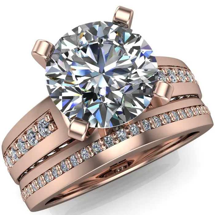 Fire Brilliance Rings Rosalee Round Center Stone Extravagant 4 Prong Head Diamond Micro Prong Band Ring