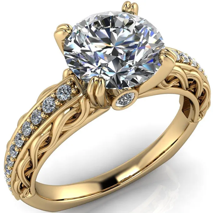 Fire Brilliance Rings Siv Round Center Stone 4Double Prong Diamond Scroll Shank Engagement Ring