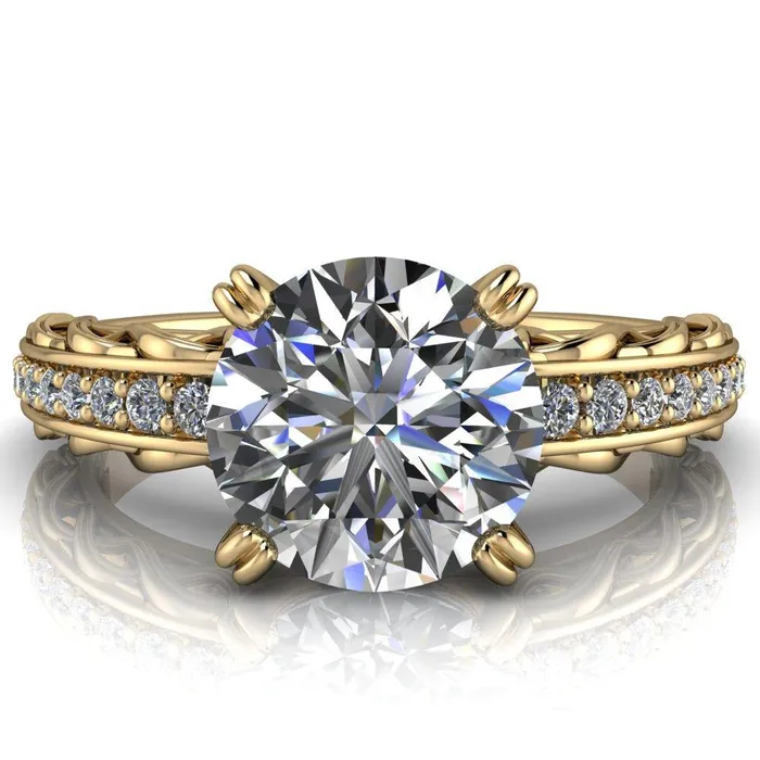 Fire Brilliance Rings Siv Round Center Stone 4Double Prong Diamond Scroll Shank Engagement Ring