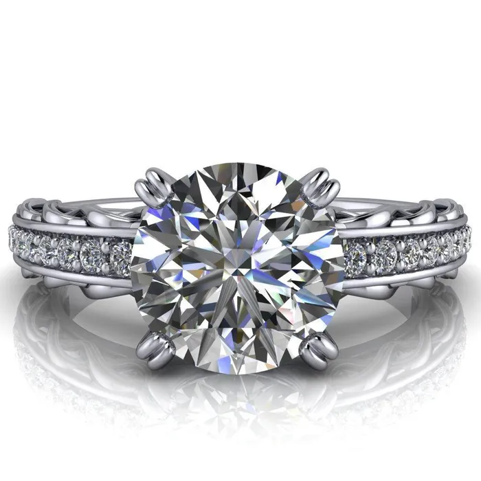 Fire Brilliance Rings Siv Round Center Stone 4Double Prong Diamond Scroll Shank Engagement Ring