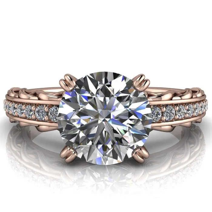 Fire Brilliance Rings Siv Round Center Stone 4Double Prong Diamond Scroll Shank Engagement Ring