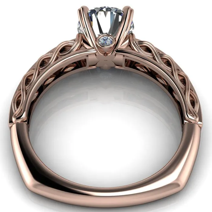Fire Brilliance Rings Siv Round Center Stone 4Double Prong Diamond Scroll Shank Engagement Ring