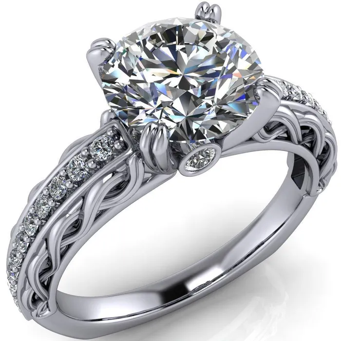 Fire Brilliance Rings Siv Round Center Stone 4Double Prong Diamond Scroll Shank Engagement Ring