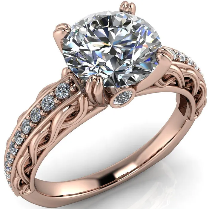 Fire Brilliance Rings Siv Round Center Stone 4Double Prong Diamond Scroll Shank Engagement Ring