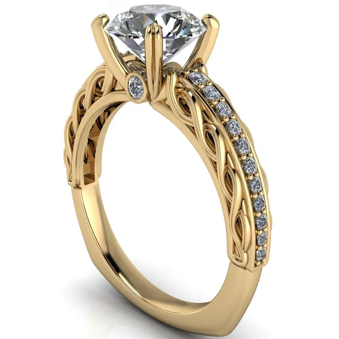 Fire Brilliance Rings Siv Round Center Stone 4Double Prong Diamond Scroll Shank Engagement Ring