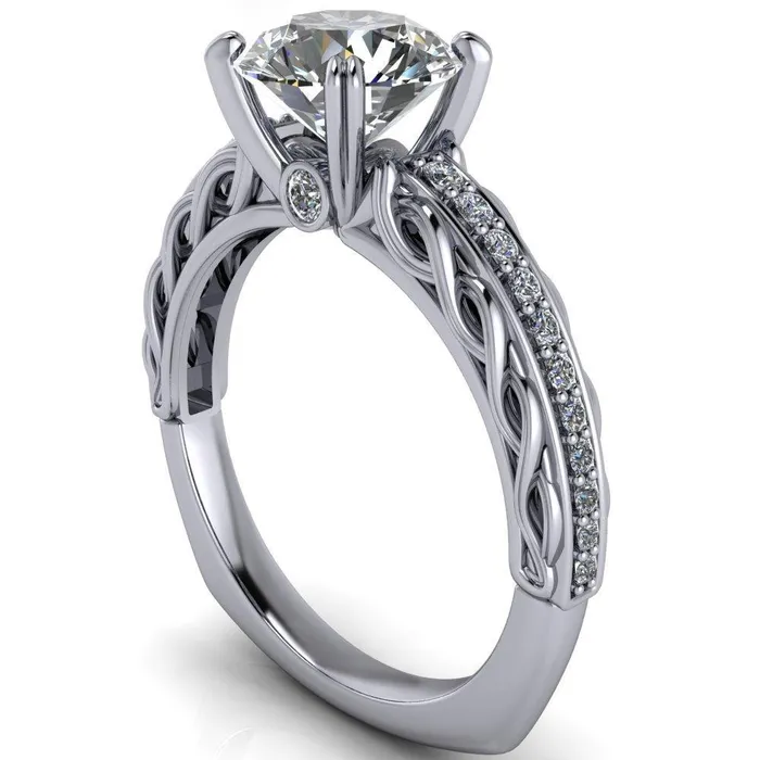Fire Brilliance Rings Siv Round Center Stone 4Double Prong Diamond Scroll Shank Engagement Ring