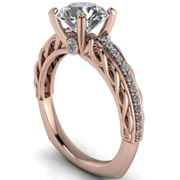 Fire Brilliance Rings Siv Round Center Stone 4Double Prong Diamond Scroll Shank Engagement Ring