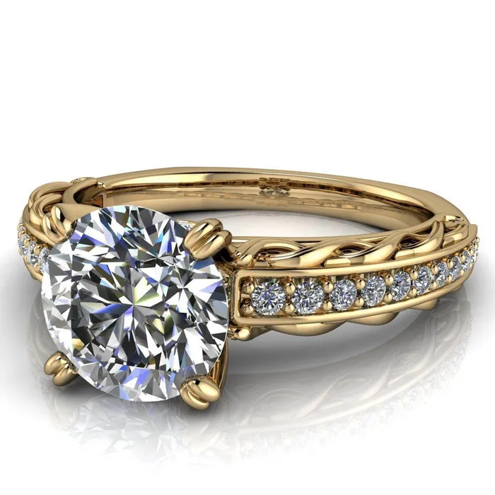 Fire Brilliance Rings Siv Round Center Stone 4Double Prong Diamond Scroll Shank Engagement Ring