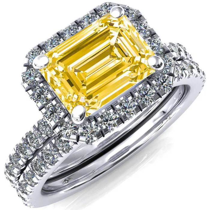 Fire Brilliance Talia Emerald Canary Yellow EastWest 4 Prong Halo 58 Micropave Ring Rings