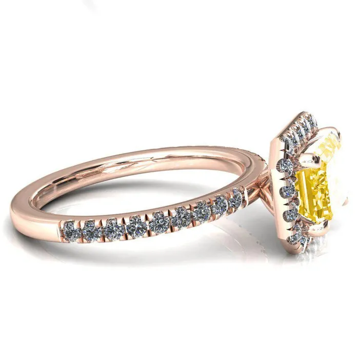Fire Brilliance Talia Emerald Canary Yellow EastWest 4 Prong Halo 58 Micropave Ring Rings