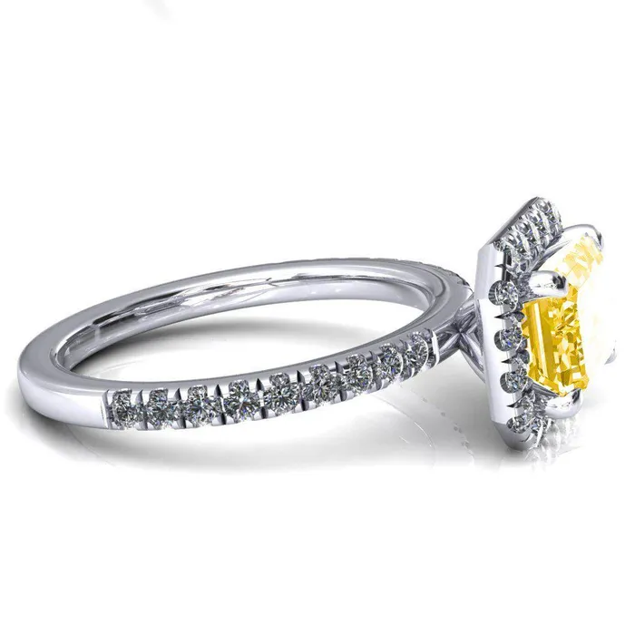 Fire Brilliance Talia Emerald Canary Yellow EastWest 4 Prong Halo 58 Micropave Ring Rings