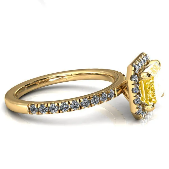 Fire Brilliance Talia Emerald Canary Yellow EastWest 4 Prong Halo 58 Micropave Ring Rings