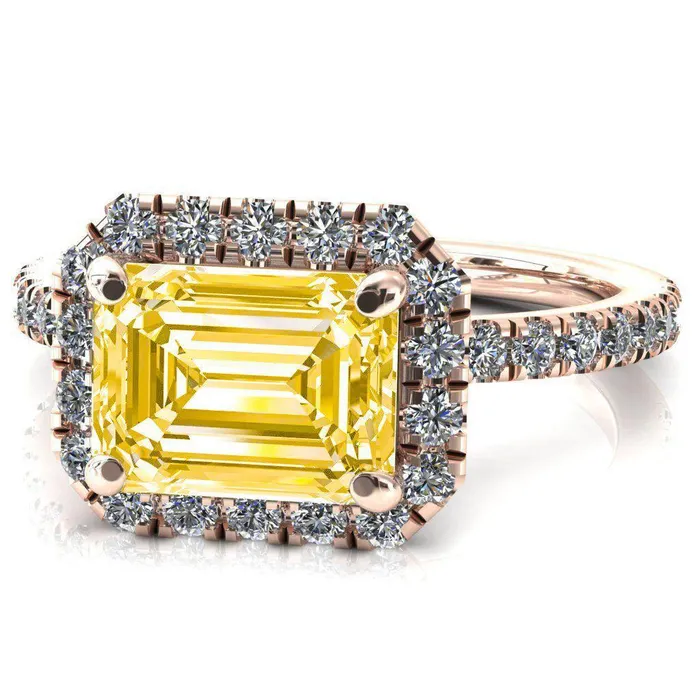 Fire Brilliance Talia Emerald Canary Yellow EastWest 4 Prong Halo 58 Micropave Ring Rings
