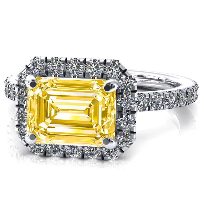 Fire Brilliance Talia Emerald Canary Yellow EastWest 4 Prong Halo 58 Micropave Ring Rings