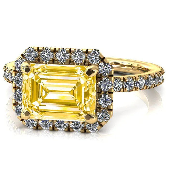 Fire Brilliance Talia Emerald Canary Yellow EastWest 4 Prong Halo 58 Micropave Ring Rings