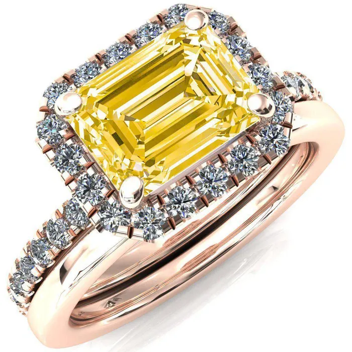 Fire Brilliance Talia Emerald Canary Yellow EastWest 4 Prong Halo 58 Micropave Ring Rings