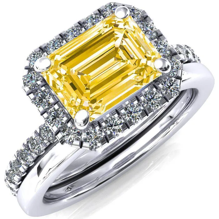 Fire Brilliance Talia Emerald Canary Yellow EastWest 4 Prong Halo 58 Micropave Ring Rings