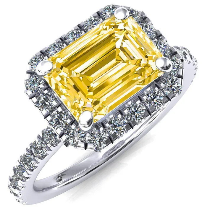 Fire Brilliance Talia Emerald Canary Yellow EastWest 4 Prong Halo 58 Micropave Ring Rings