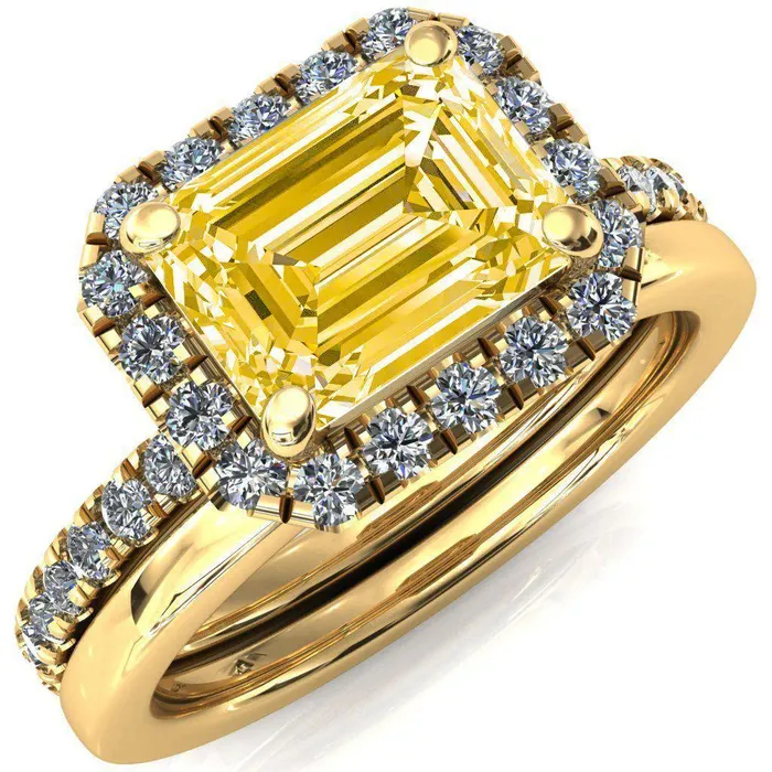 Fire Brilliance Talia Emerald Canary Yellow EastWest 4 Prong Halo 58 Micropave Ring Rings
