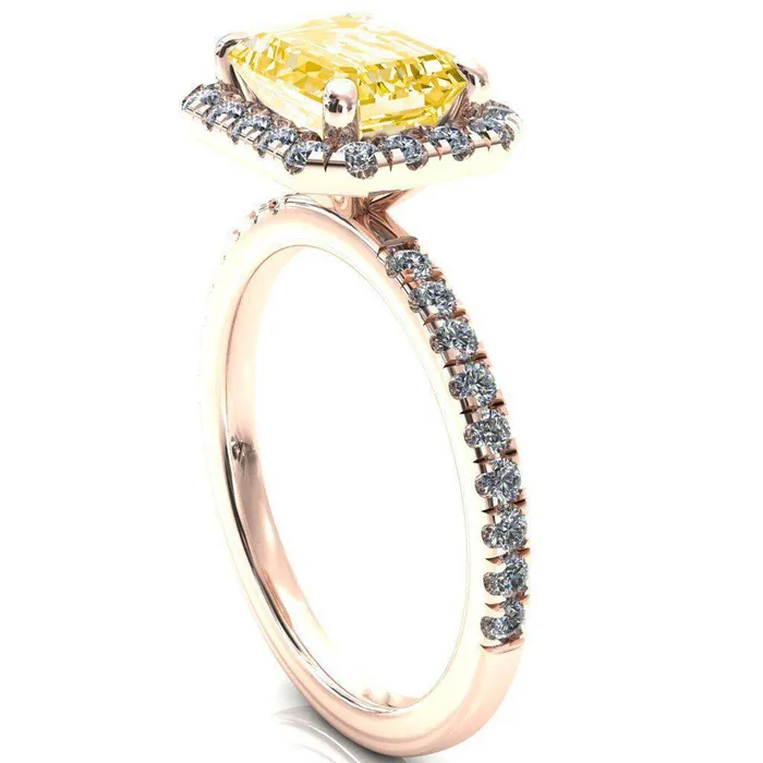 Fire Brilliance Talia Emerald Canary Yellow EastWest 4 Prong Halo 58 Micropave Ring Rings