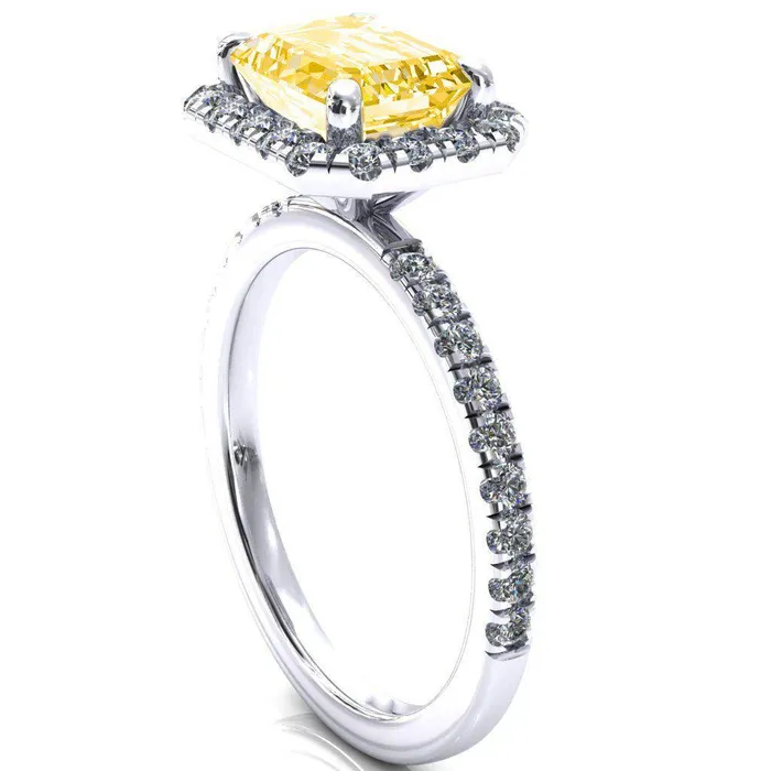 Fire Brilliance Talia Emerald Canary Yellow EastWest 4 Prong Halo 58 Micropave Ring Rings