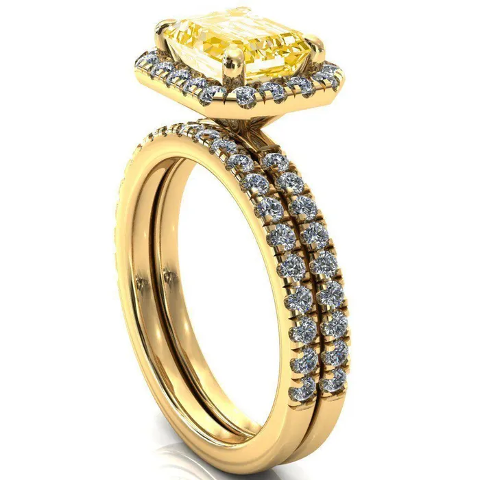 Fire Brilliance Talia Emerald Canary Yellow EastWest 4 Prong Halo 58 Micropave Ring Rings