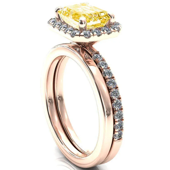 Fire Brilliance Talia Emerald Canary Yellow EastWest 4 Prong Halo 58 Micropave Ring Rings