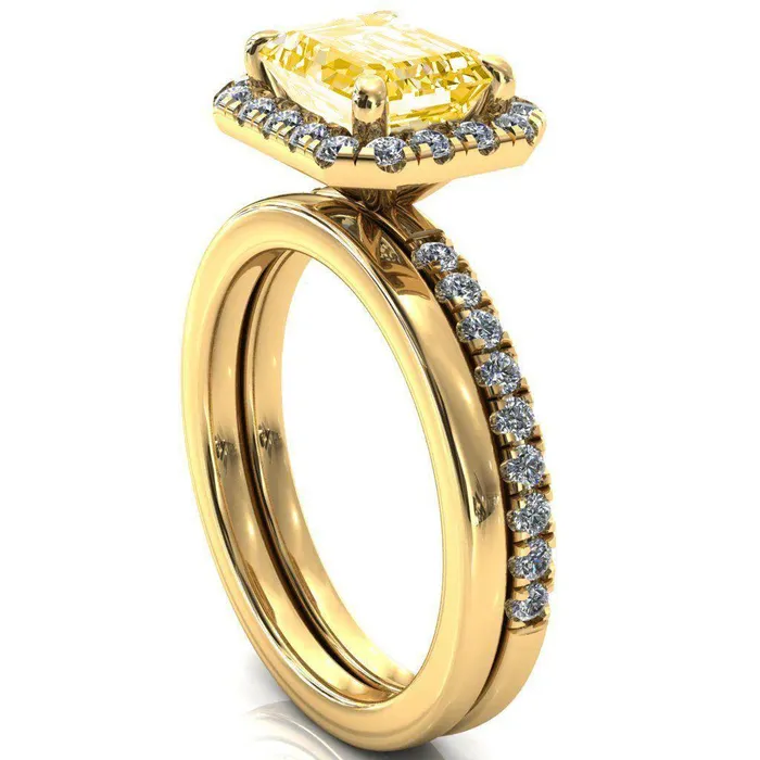 Fire Brilliance Talia Emerald Canary Yellow EastWest 4 Prong Halo 58 Micropave Ring Rings