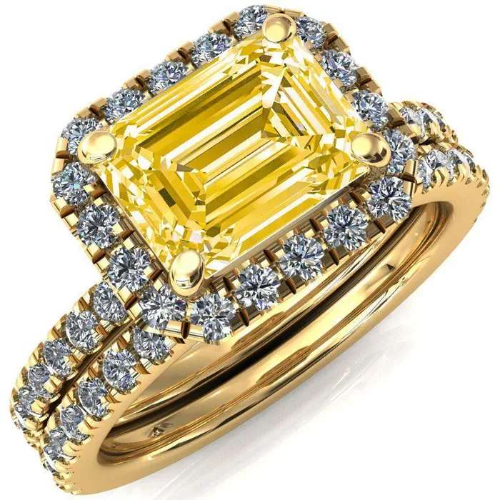 Fire Brilliance Talia Emerald Canary Yellow EastWest 4 Prong Halo 58 Micropave Ring Rings