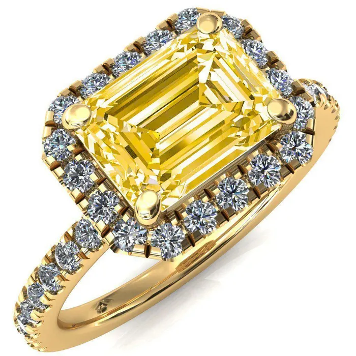 Fire Brilliance Talia Emerald Canary Yellow EastWest 4 Prong Halo 58 Micropave Ring Rings