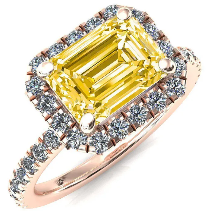 Fire Brilliance Talia Emerald Canary Yellow EastWest 4 Prong Halo 58 Micropave Ring Rings