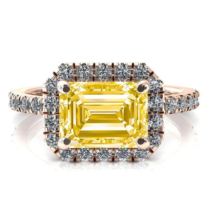 Fire Brilliance Talia Emerald Canary Yellow EastWest 4 Prong Halo 58 Micropave Ring Rings