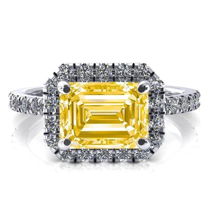 Fire Brilliance Talia Emerald Canary Yellow EastWest 4 Prong Halo 58 Micropave Ring Rings