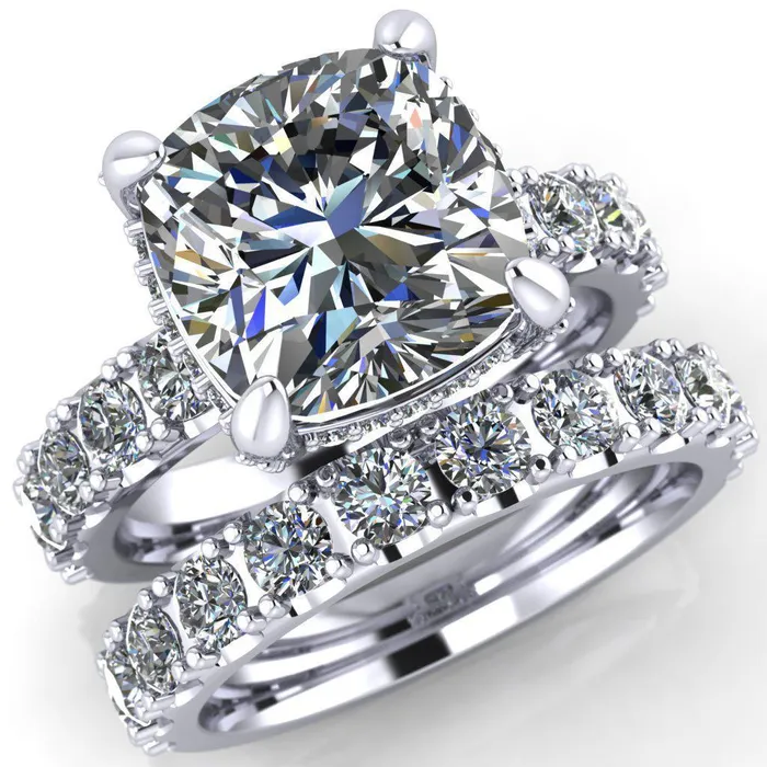Grandeur Cushion Center Stone 4 Prong Basket and Half Eternity Fire Ring Fire Brilliance Rings