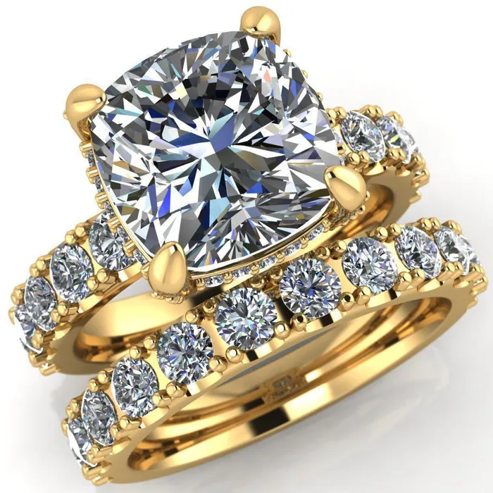 Grandeur Cushion Center Stone 4 Prong Basket and Half Eternity Fire Ring Fire Brilliance Rings