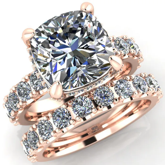 Grandeur Cushion Center Stone 4 Prong Basket and Half Eternity Fire Ring Fire Brilliance Rings