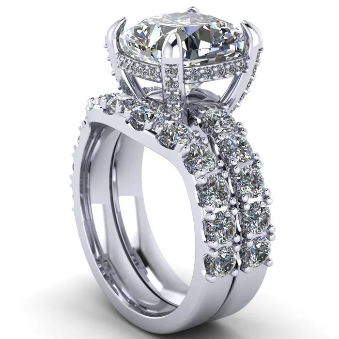 Grandeur Cushion Center Stone 4 Prong Basket and Half Eternity Fire Ring Fire Brilliance Rings