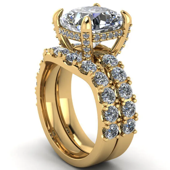 Grandeur Cushion Center Stone 4 Prong Basket and Half Eternity Fire Ring Fire Brilliance Rings