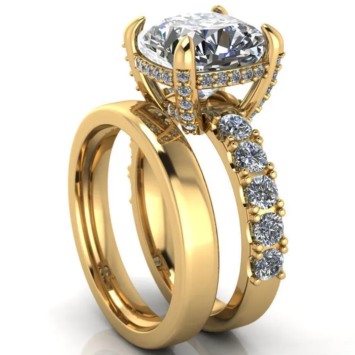 Grandeur Cushion Center Stone 4 Prong Basket and Half Eternity Fire Ring Fire Brilliance Rings