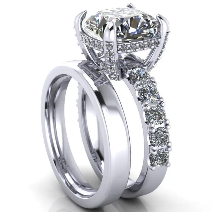 Grandeur Cushion Center Stone 4 Prong Basket and Half Eternity Fire Ring Fire Brilliance Rings