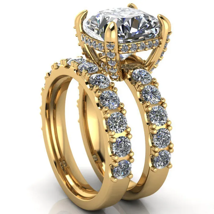 Grandeur Cushion Center Stone 4 Prong Basket and Half Eternity Fire Ring Fire Brilliance Rings