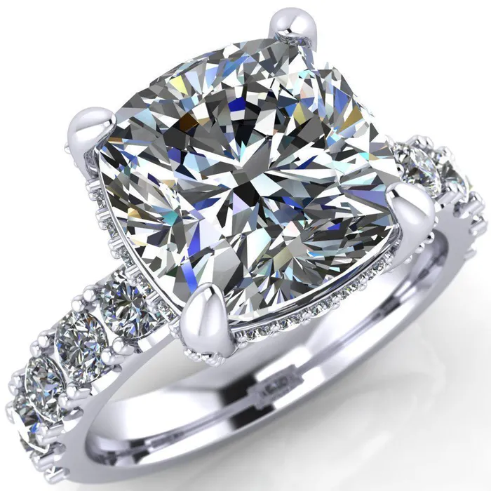Grandeur Cushion Center Stone 4 Prong Basket and Half Eternity Fire Ring Fire Brilliance Rings