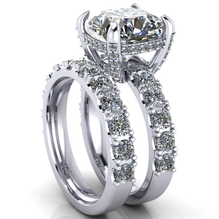 Grandeur Cushion Center Stone 4 Prong Basket and Half Eternity Fire Ring Fire Brilliance Rings