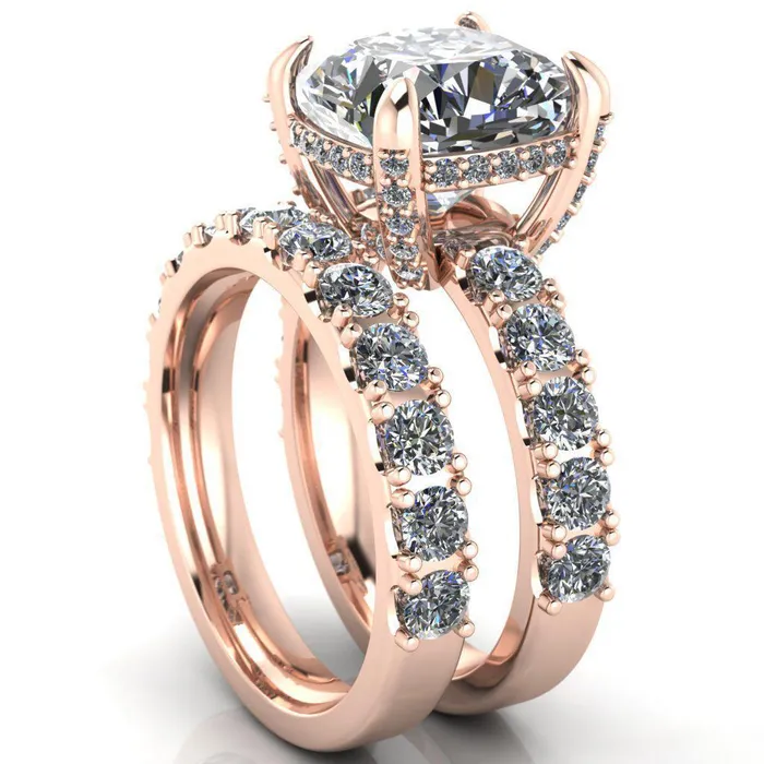 Grandeur Cushion Center Stone 4 Prong Basket and Half Eternity Fire Ring Fire Brilliance Rings