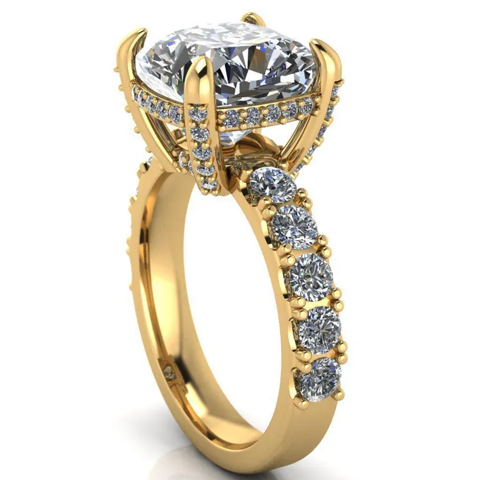 Grandeur Cushion Center Stone 4 Prong Basket and Half Eternity Fire Ring Fire Brilliance Rings