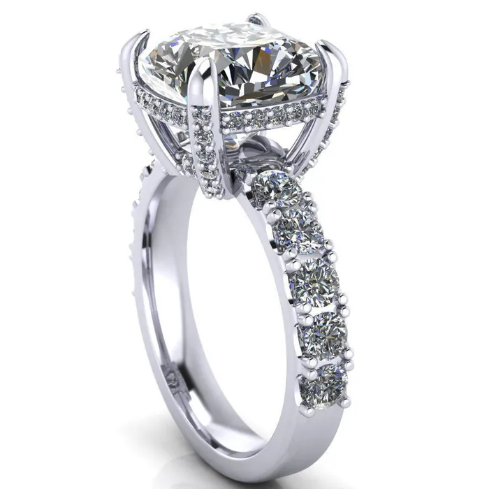 Grandeur Cushion Center Stone 4 Prong Basket and Half Eternity Fire Ring Fire Brilliance Rings