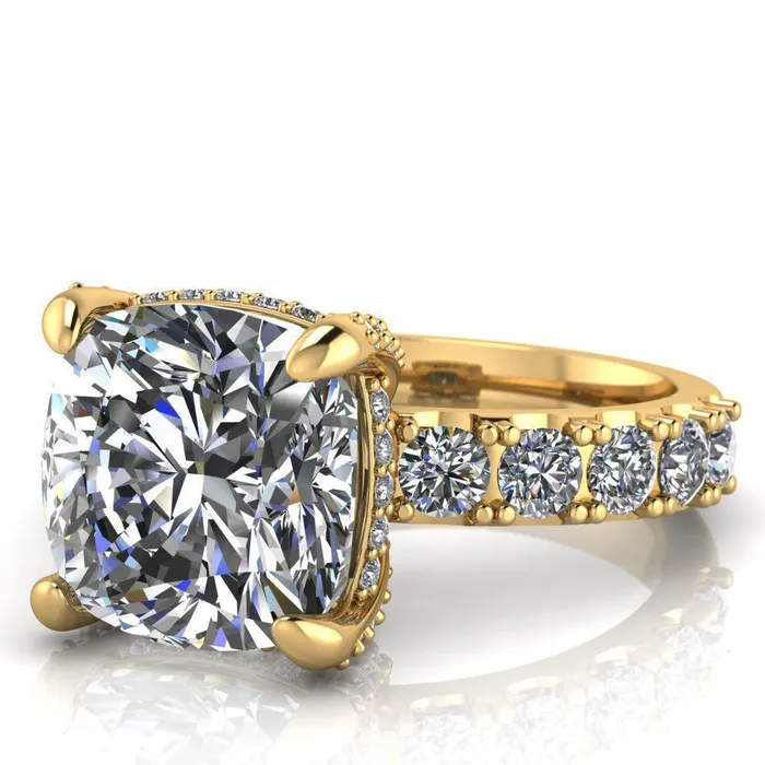 Grandeur Cushion Center Stone 4 Prong Basket and Half Eternity Fire Ring Fire Brilliance Rings