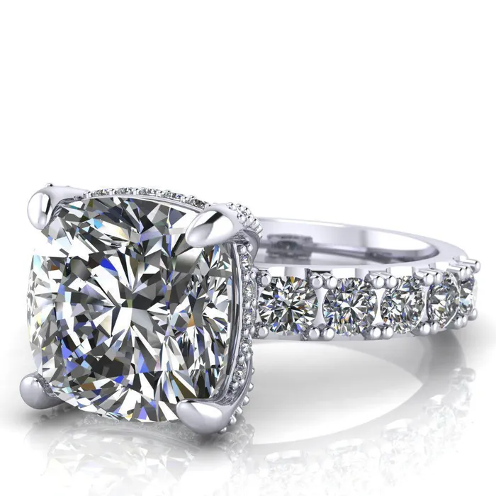 Grandeur Cushion Center Stone 4 Prong Basket and Half Eternity Fire Ring Fire Brilliance Rings