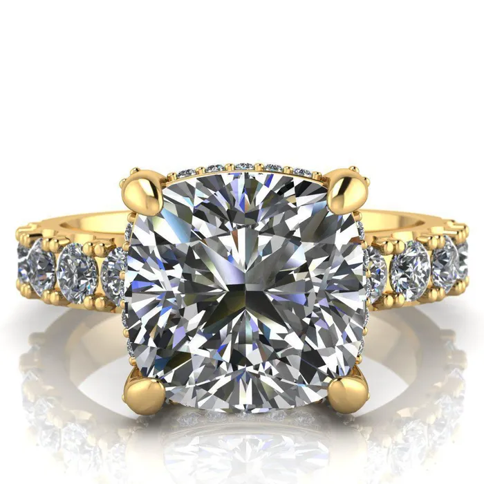 Grandeur Cushion Center Stone 4 Prong Basket and Half Eternity Fire Ring Fire Brilliance Rings